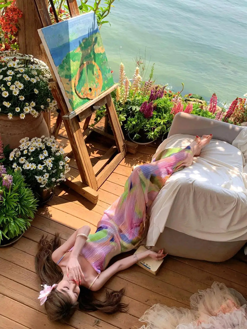 Pink Tie Dye Spaghetti Strap Maxi Dress For Beach Vacation Pleated Sleeveless Elegant Bodycon
