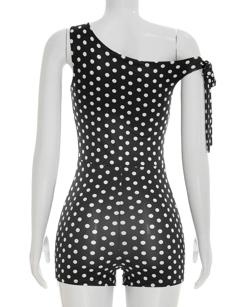 Polka Dot Playsuit With Tassel Details Sleeveless Low-Neck