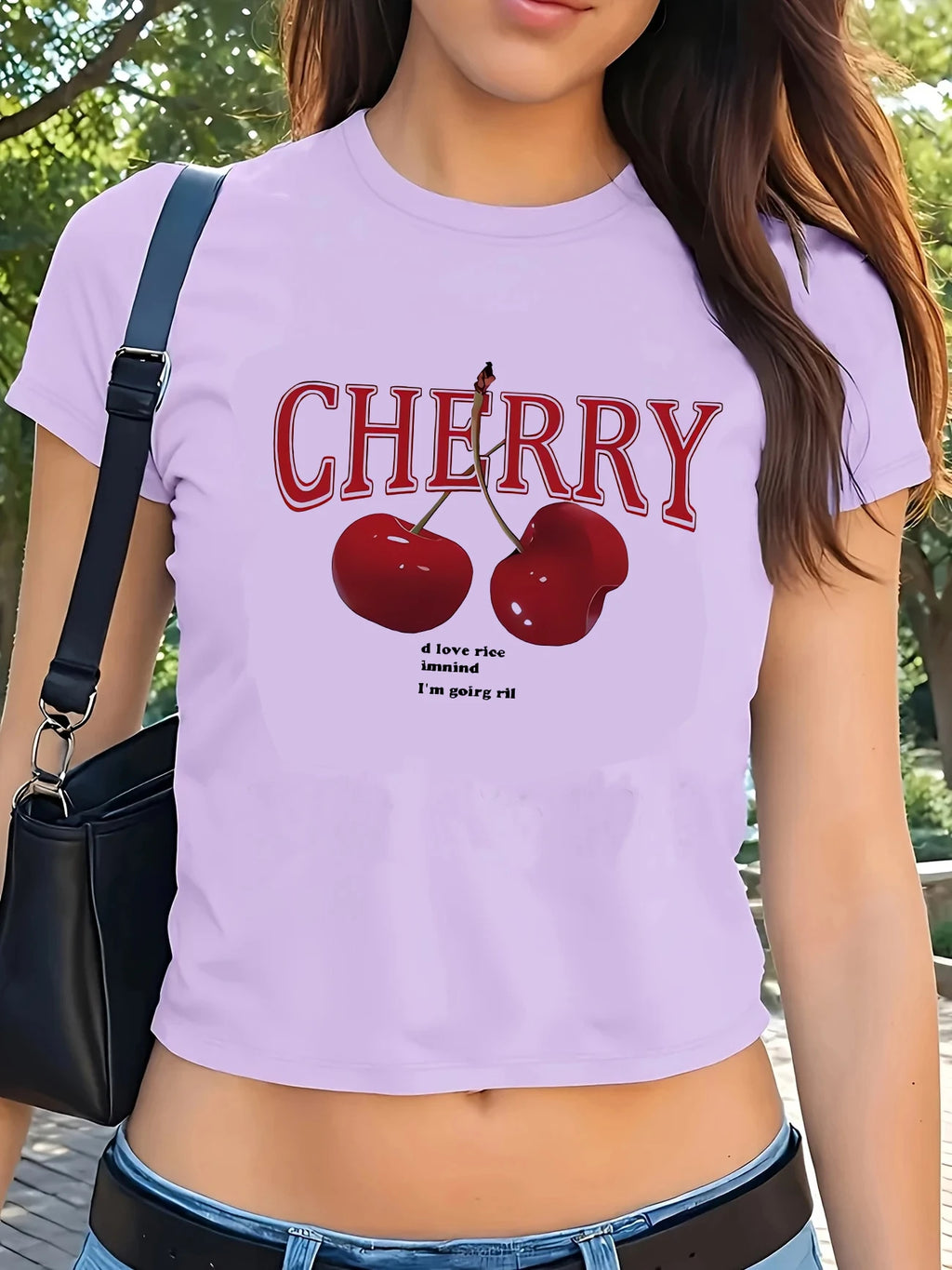 Cherry Print Crop Tee With Crew Neck Short Sleeves Slim
