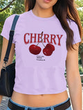 Cherry Print Crop Tee With Crew Neck Short Sleeves Slim