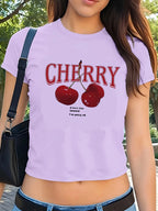 Cherry Print Crop Tee With Crew Neck Short Sleeves Slim
