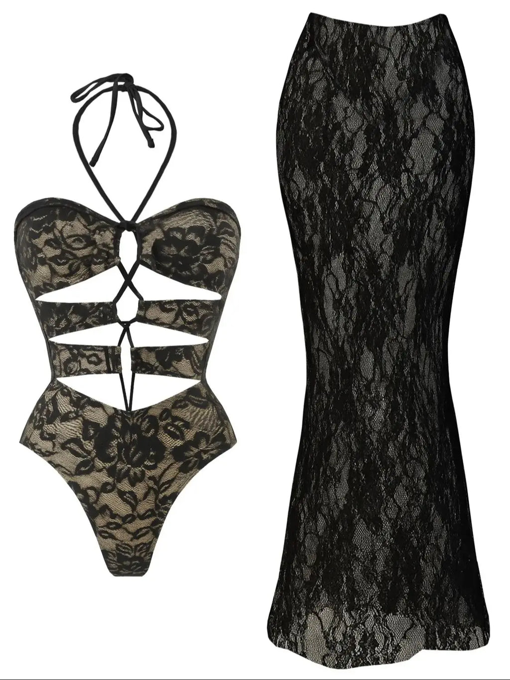 Lace One Piece Swimsuit With Skirt Cut Out Halter Neck High Leg Beach Bodysuit Monokini