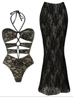 Lace One Piece Swimsuit With Skirt Cut Out Halter Neck High Leg Beach Bodysuit Monokini
