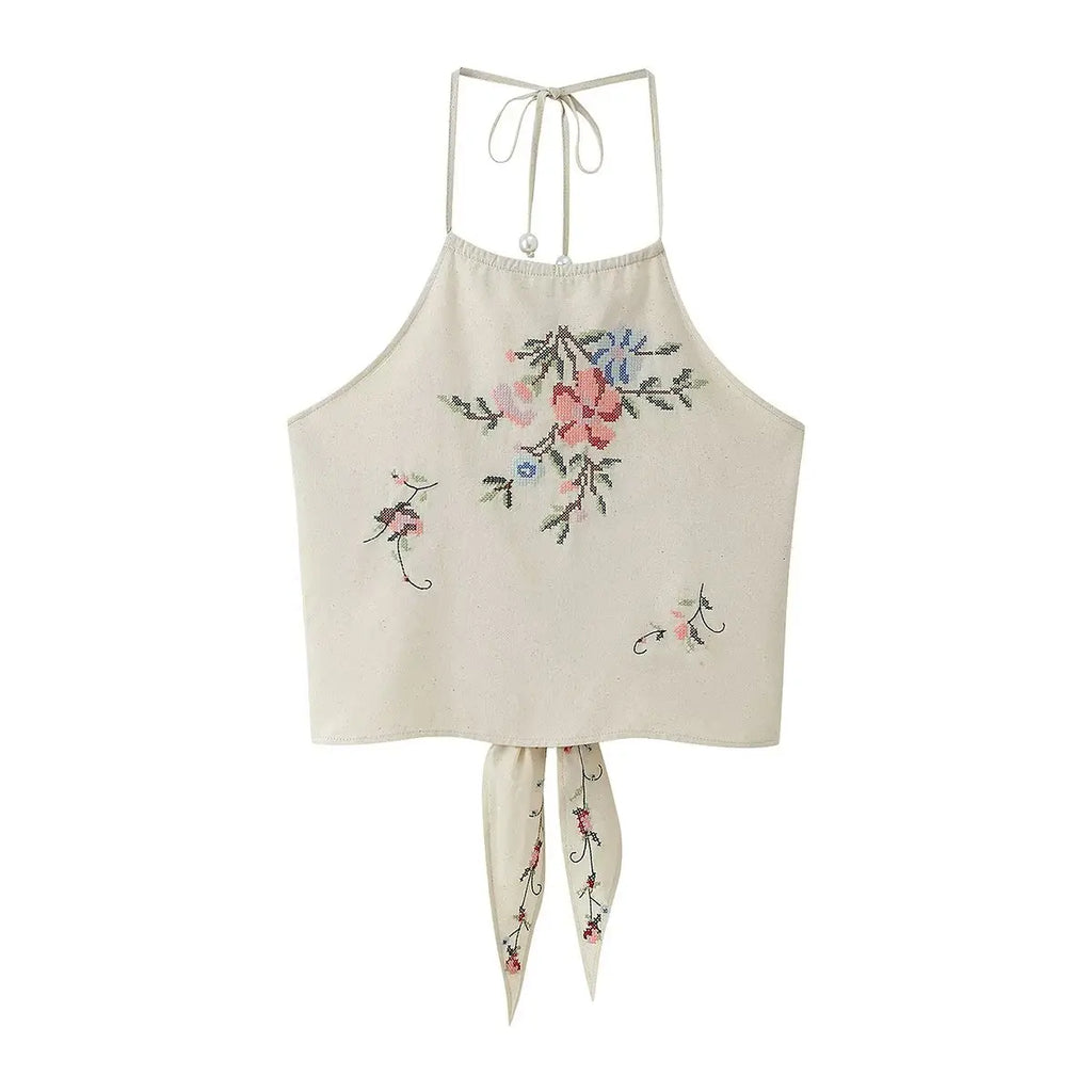 Sunny Floral Embroidered Beaded Tie Neck Halter Top