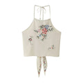 Sunny Floral Embroidered Beaded Tie Neck Halter Top