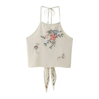 Sunny Floral Embroidered Beaded Tie Neck Halter Top