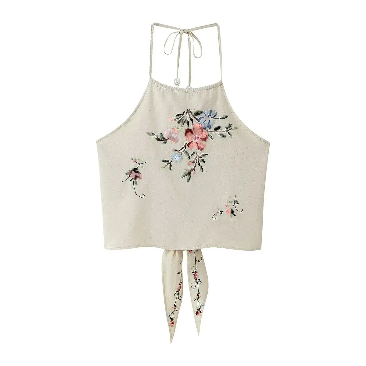 Sunny Floral Embroidered Beaded Tie Neck Halter Top