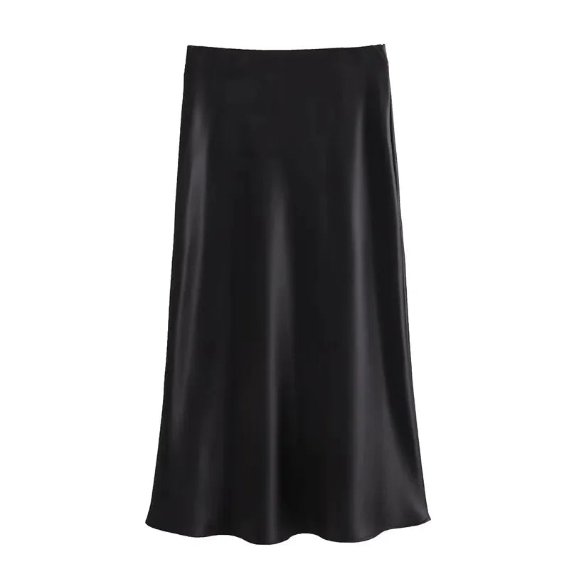 Satin High Waist Midi Skirt With Flair