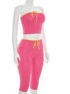 Retro Pink Two Piece Set For Women Tube Top And Capri Pants Summer Streetwear Lounge Set