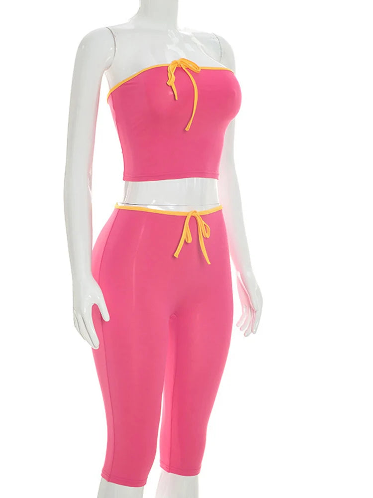 Retro Pink Two Piece Set For Women Tube Top And Capri Pants Summer Streetwear Lounge Set