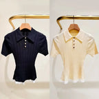 French Hem Lace Stitching Twist Knit Sweater With Turn Down Collar Slim Short Sleeve Top