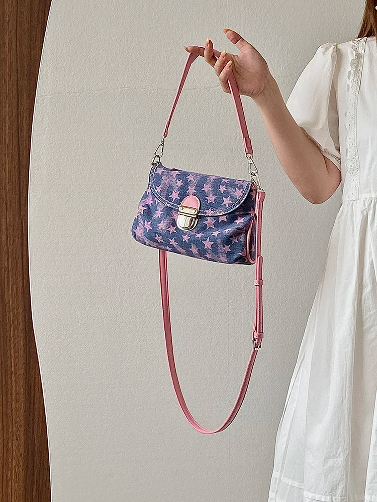 Contrast Color Star Print Crossbody Bag for Women Lightweight Shoulder Purse With Buckle