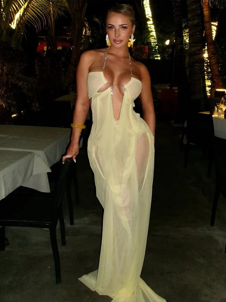 Sheer Halter Gown With Chain Detailing Backless Sleeveless