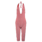 Red Striped Print Backless Halter Playsuit