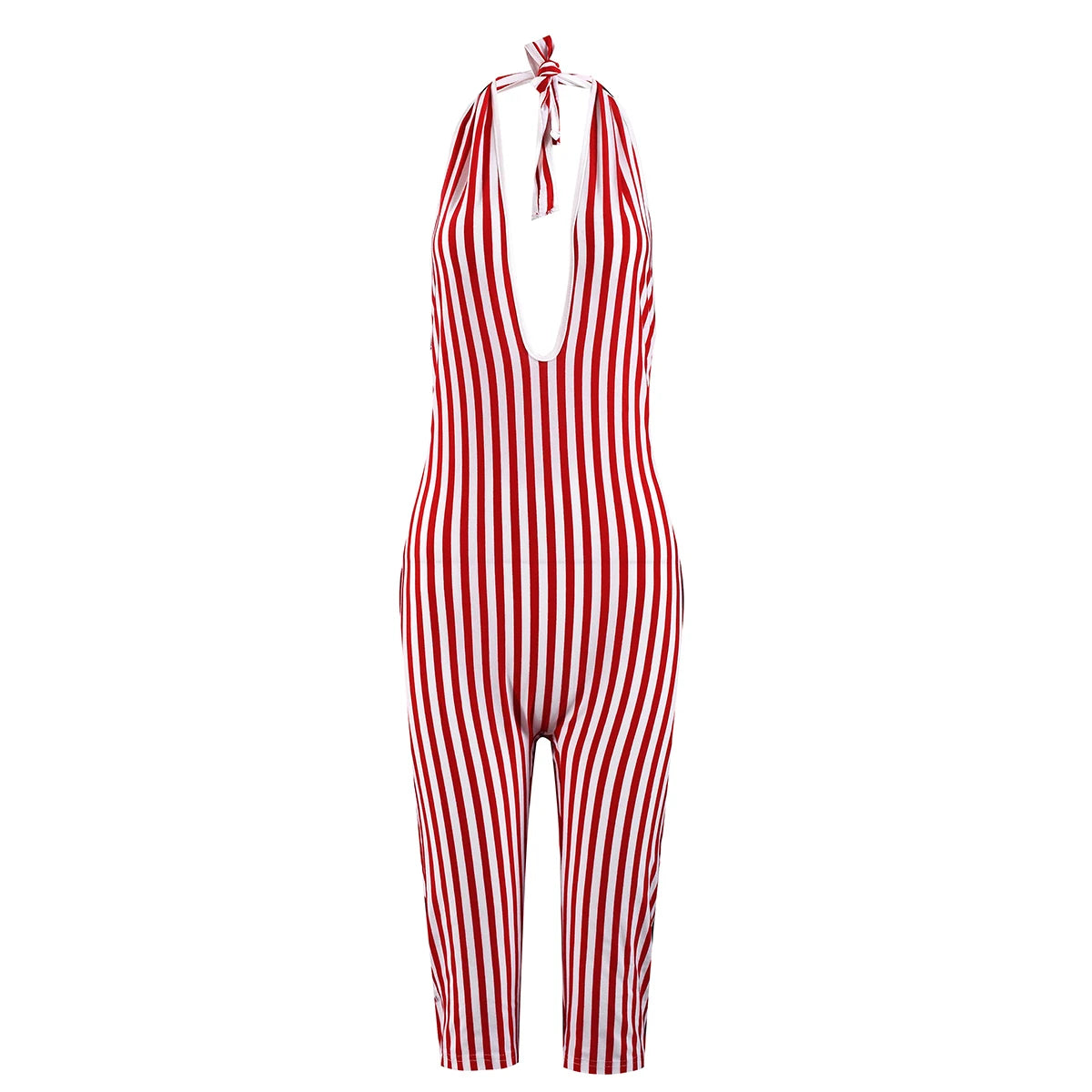 Red Striped Print Backless Halter Playsuit