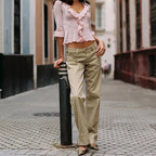 French-Style Ruffled Knit Top With Deep V-Neck Ruched Lace Tie-Up Cuff Short Waist-Exposing Silhouette
