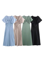 Elegant l Solid Satin Midi Dress With V Neck And Short Sleeves