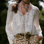 Dreamy Lace Patchwork Sheer Long Sleeve Blouse With Square Neck And Tie Front Crop Top