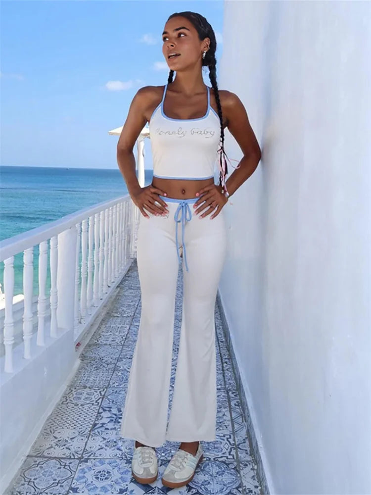 Halter Crop Top Two Piece Set With Drawstring Flare Pants Bold Letter Print