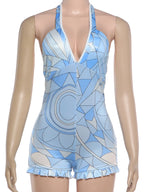 Fashion Rompers Woman Plaid Patchwork Halter Low-Neck Backless Sleeveless Ruffles Sexy Playsuit