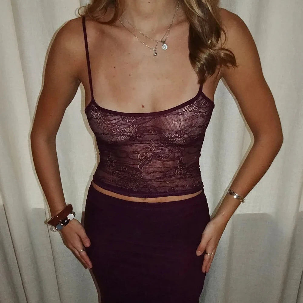 Fairycore Lace Sheer Spaghetti Strap Crop Top