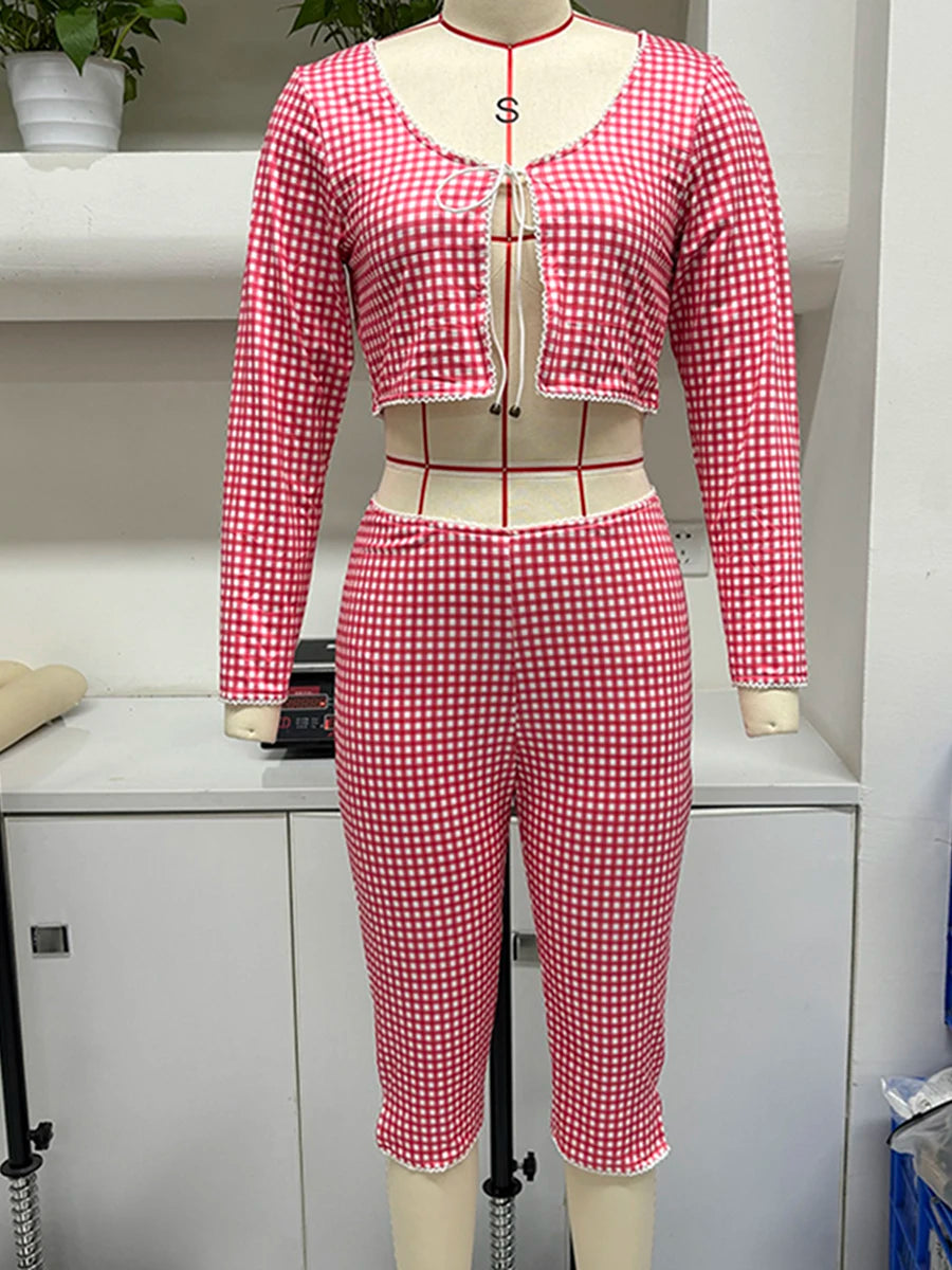 Chic Plaid Two Piece Set With Cropped Tie Front Top And Three Quarter Sleeve Capris