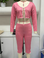 Chic Plaid Two Piece Set With Cropped Tie Front Top And Three Quarter Sleeve Capris