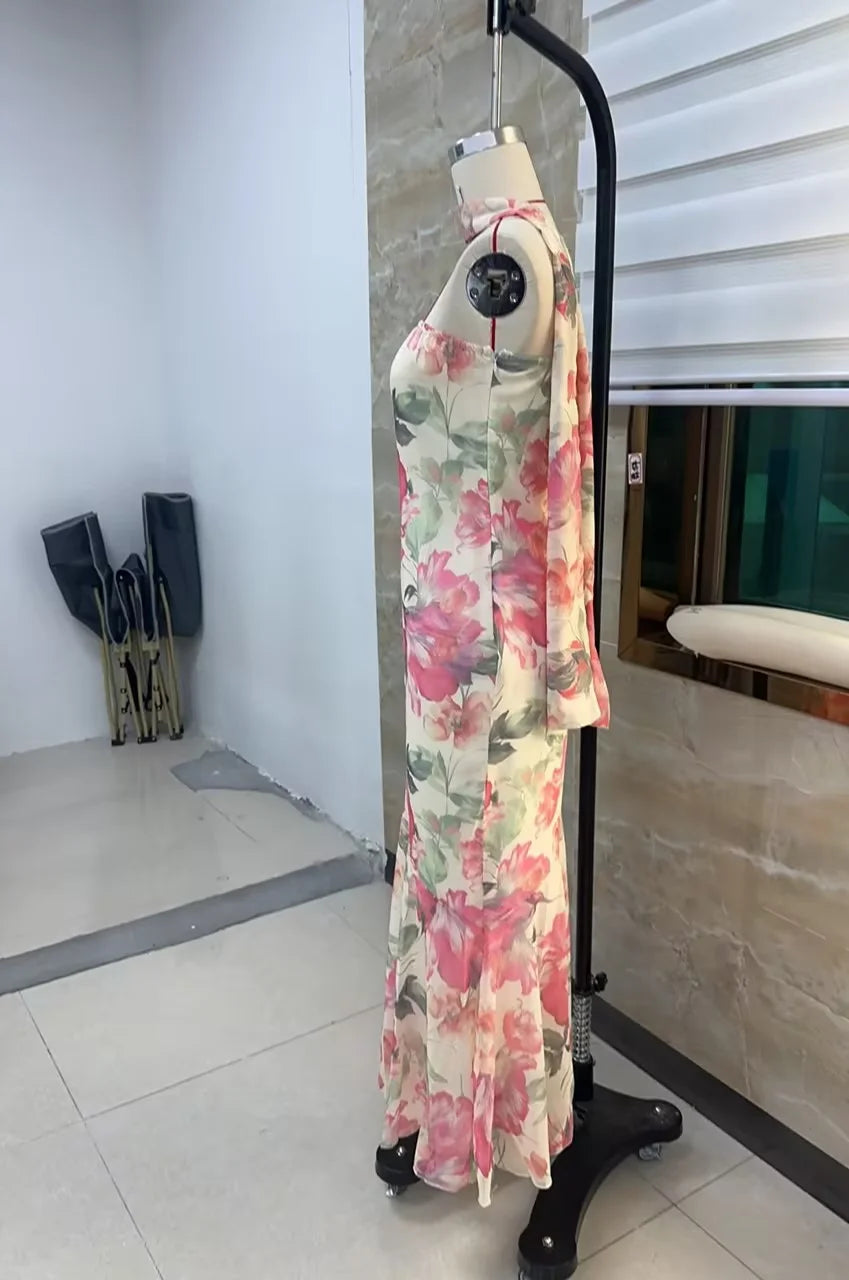 Floral Tube Maxi Dress With Scarf Strapless Backless Mesh Bodycon Sundress