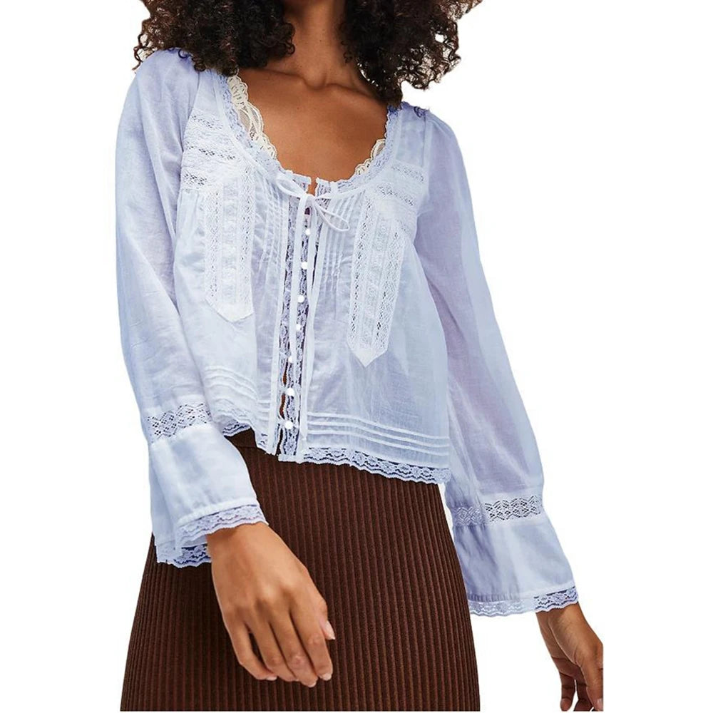 Dreamy Lace Patchwork Sheer Long Sleeve Blouse With Square Neck And Tie Front Crop Top