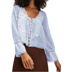 Dreamy Lace Patchwork Sheer Long Sleeve Blouse With Square Neck And Tie Front Crop Top