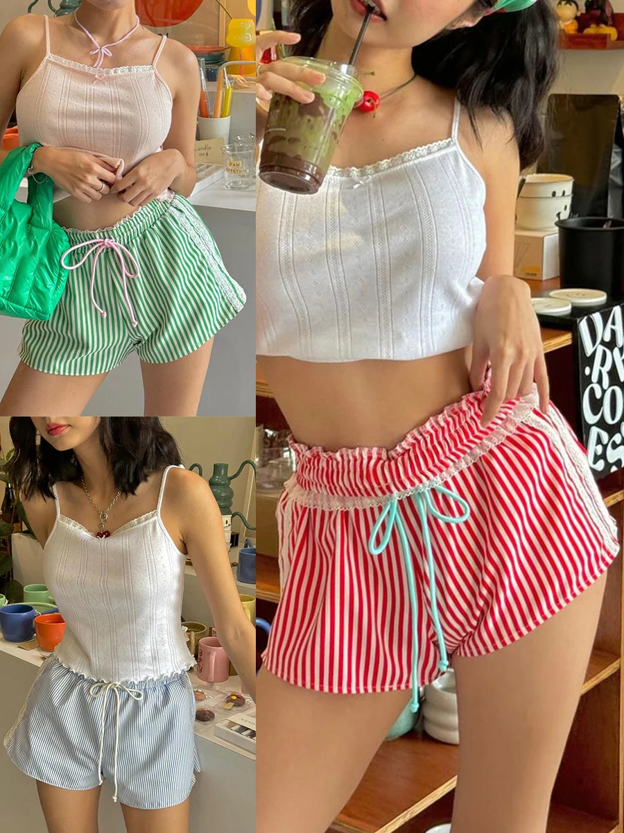 Vintage Kawaii Ruffles Lace Trim Striped Shorts With Drawstring For Cozy Cottagecore