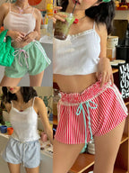 Vintage Kawaii Ruffles Lace Trim Striped Shorts With Drawstring For Cozy Cottagecore