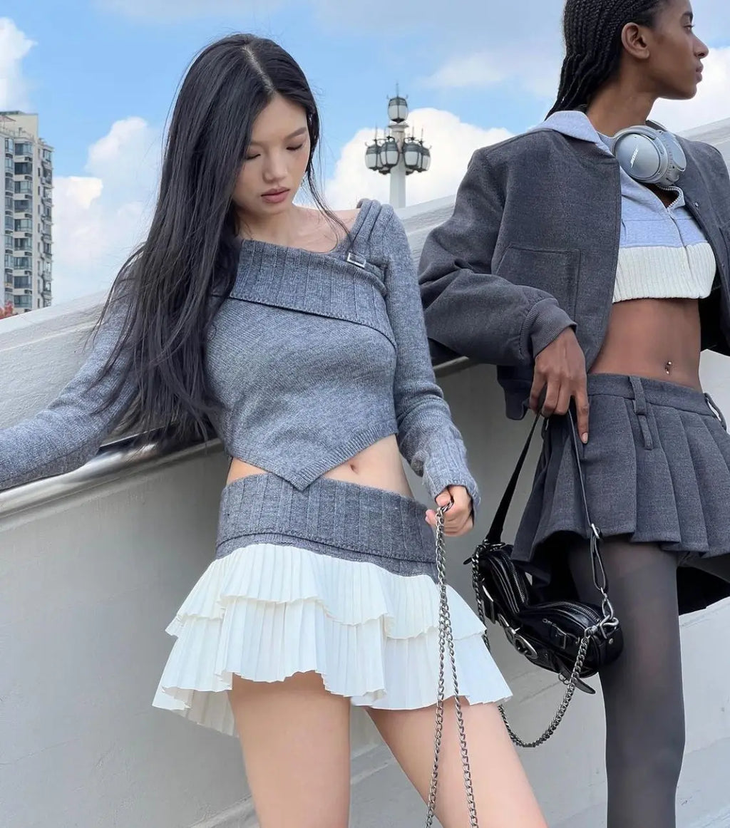 Knit Color Block Mini Skirt High Waisted Pleated