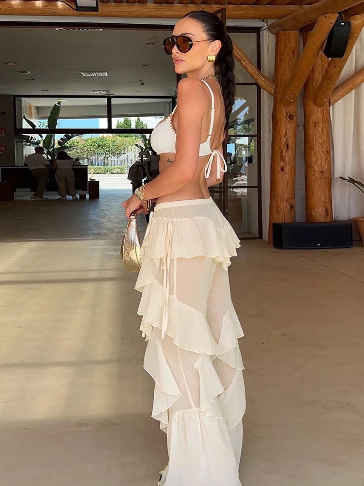 Irregular Tiered Flare Pants With Patchwork See Through