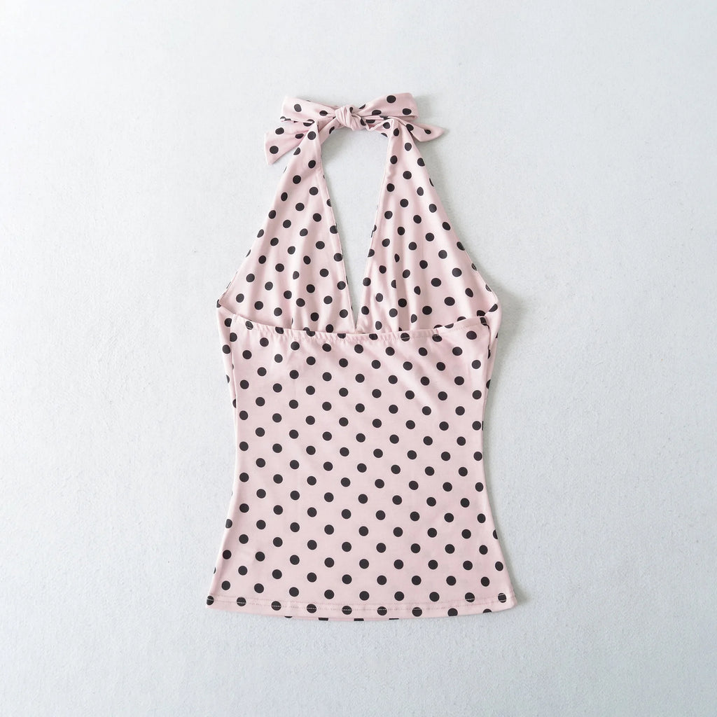 Hot Girl Spicy Two-Piece  Retro Polka Dot Necktie Top Satin High Waist Short Skirt Set