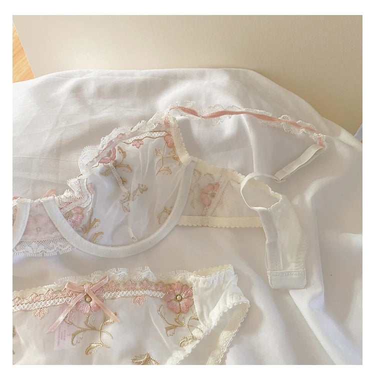 Lace Set With Embroidered Details Two-piece Sheer Push Up Bra And Matching Briefs