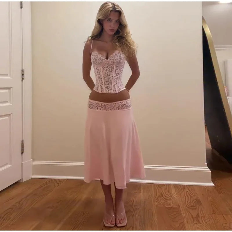 Delicate Lace Corset Cami And Midi Skirt Set Slim Fit Sleeveless Romantic Outfit