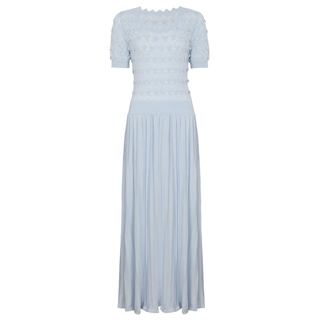 Knit Maxi Dress With Short Sleeve Hollow Detailing And Pleated Skirt