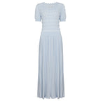 Knit Maxi Dress With Short Sleeve Hollow Detailing And Pleated Skirt