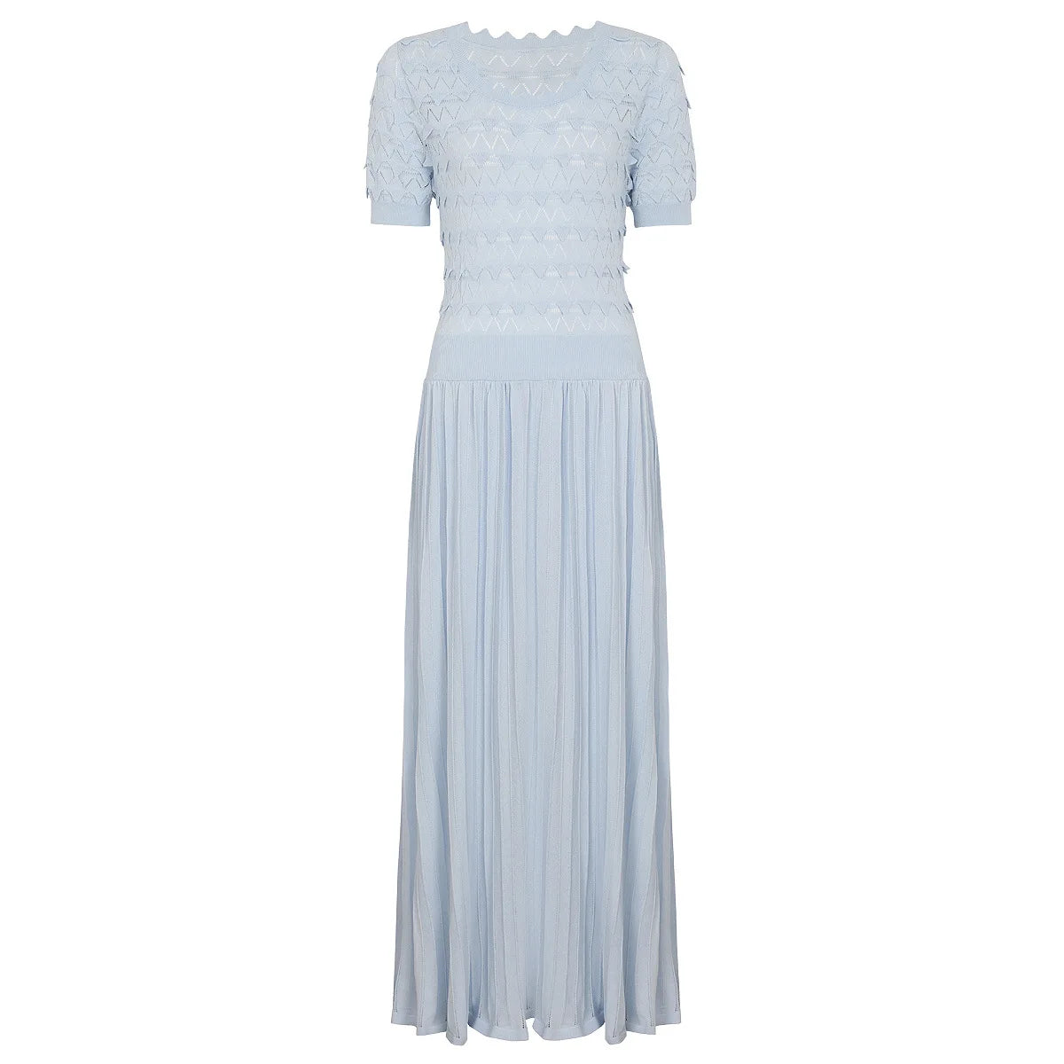 Knit Maxi Dress With Short Sleeve Hollow Detailing And Pleated Skirt