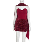 Sequin Patchwork Strapless Mini Dress Off Shoulder With Scarf Collar And Pleated Waist Cinch