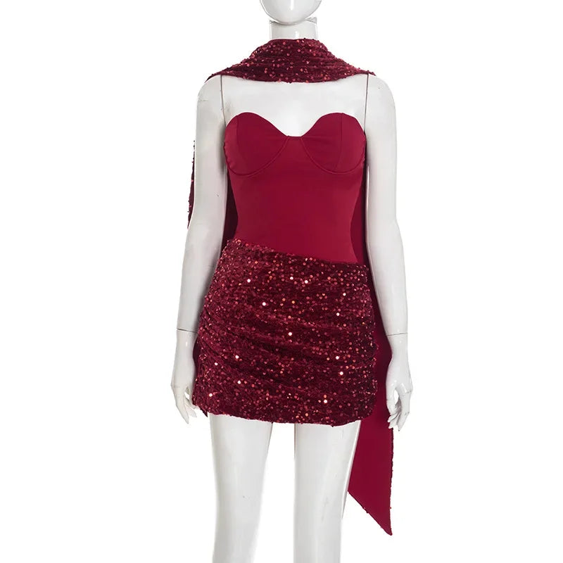 Sequin Patchwork Strapless Mini Dress Off Shoulder With Scarf Collar And Pleated Waist Cinch