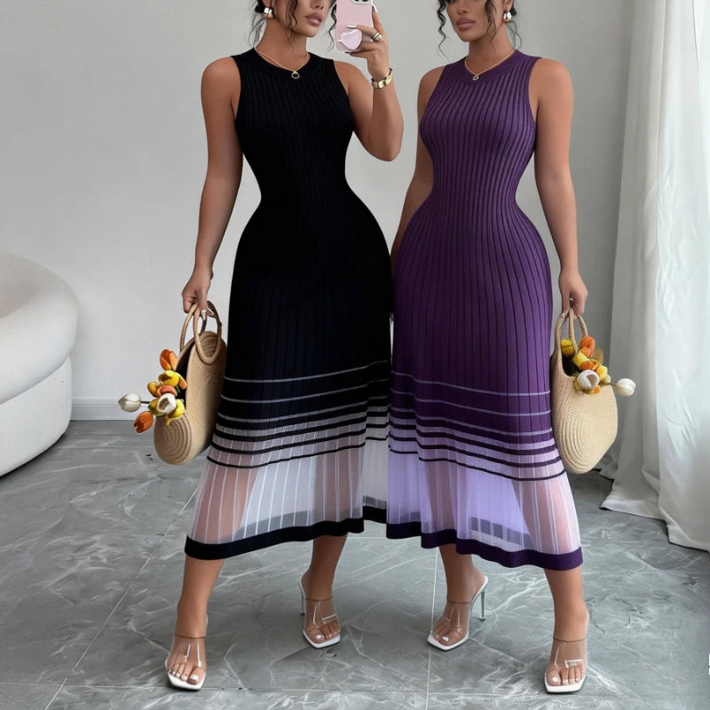 Ombre Mesh Knit Midi Dress With Sheer Hem For Summer Chic
