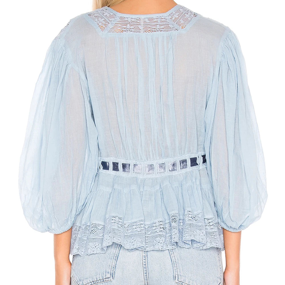 Bow Tie Front Blouse With Long Puff Sleeves V Neck Babydoll Peplum Ruffle Pleats