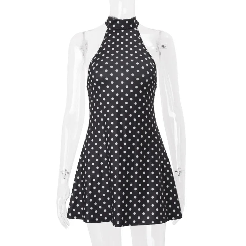 Elegant Off Shoulder Polka Dot Mini Dress Sleeveless Backless High Waist