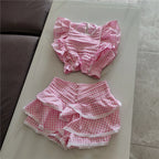 Cotton Plaid Ruffled Top And Shorts Set For Women