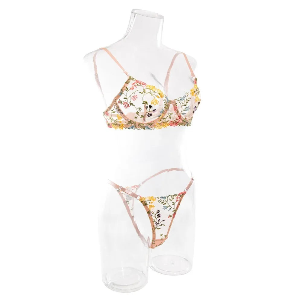 Floral Sheer Embroidery Lingerie Set With Underwire Push Up Bra And Panty Two Piece