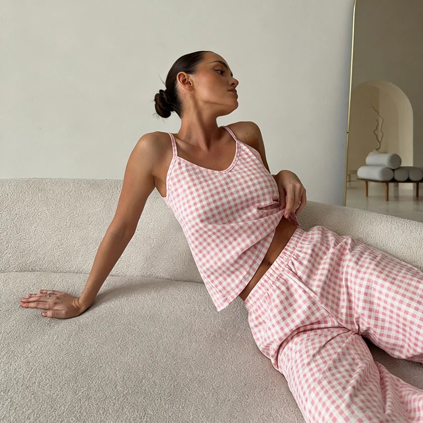 Pink Summer Set With Spaghetti Strap Cami Top And Ruffle Hem Wide Leg Pants