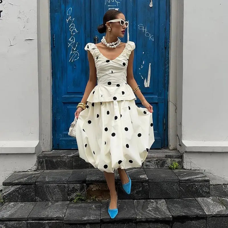 Fashion Women's Lady Suit Halter A-line Tops Bud Loose Skirt Polka Dot Set