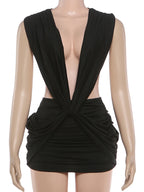 Patchwork Ruched Deep V Neck Sleeveless Backless Bodycon Dress
